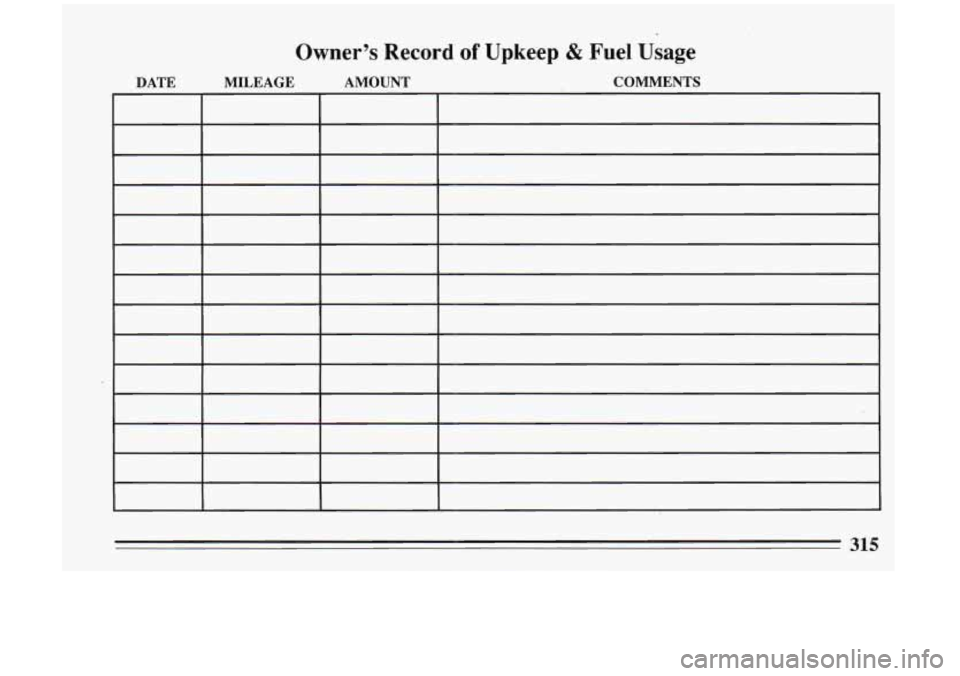 BUICK RIVIERA 1993  Owners Manual Owner’s Record of Upkeep & Fuel  Usage 
DATE  MILEAGE  AMOUNT  COMMENTS 
~~  ~~ ~ 
~ 
- -~ 
-~ 
315  