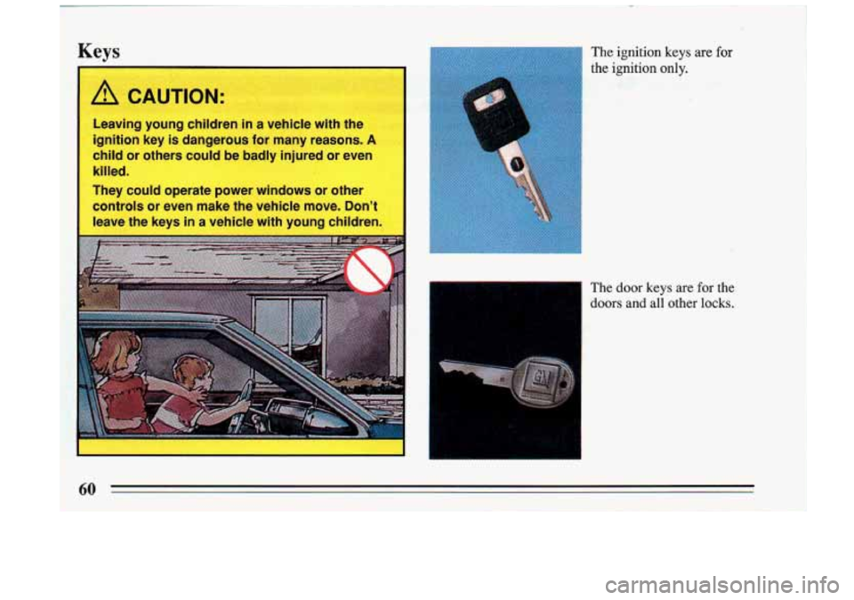 BUICK RIVIERA 1993  Owners Manual Keys 
A CAUTION: 
Leaving  young  children in a  vehicle  with  the 
ignition  key  is dangerous  for  many  reasons. 
A 
child  or  others  could  be badly  injured  or  even 
killed. 
They  could  o