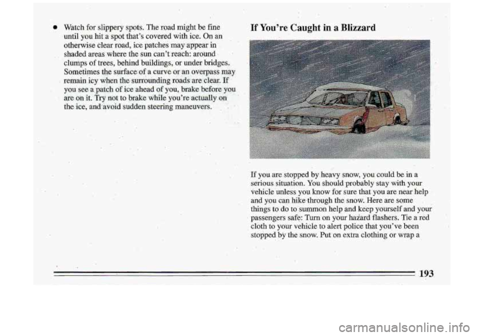 BUICK ROADMASTER 1993  Owners Manual If you are stopped  by  .heavy snow, you  could  be-.in  a 
seirious.  situation.  You should  probably  stay  withyour 
vehicleunless  you.  know 
for sure  that..you are near  .help 
and  yau  can