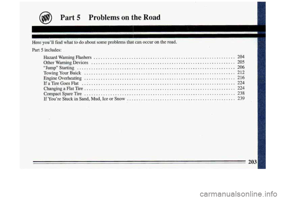 BUICK ROADMASTER 1993  Owners Manual Part 5 Problems on the Road 
I- .. . 1. ’ . ’ ‘I 
.. ..... 
Here you’ll find what  to do about  some problems that  can occur on the road . 
Part 5 includes: 
Hazard  Warning  Flashers 
......