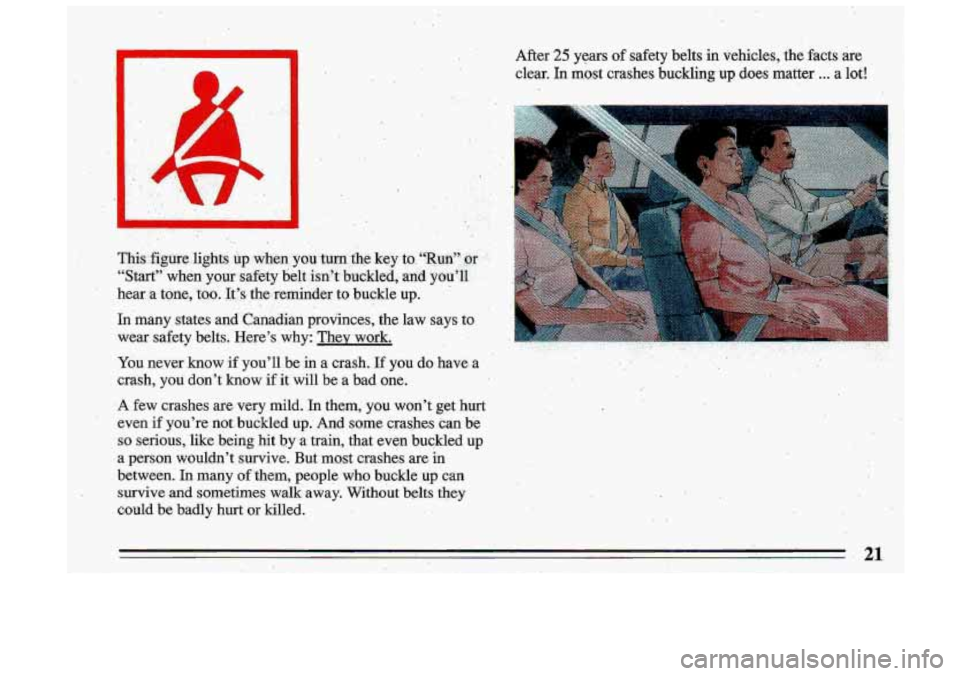 BUICK ROADMASTER 1993  Owners Manual ,. . 
After 25 years of safety belts in vehicles, the facts :aie 
clear. In most crashes buckling up does matter ... a lot! 
., 
21  