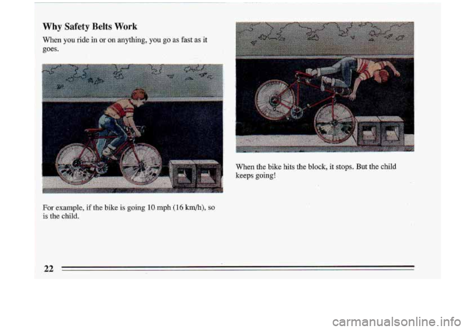BUICK ROADMASTER 1993  Owners Manual Why,Safety Belts Work 
When  you  ride in or on  anything, you go as fast as it 
goes. 
When the bike  hits the block, it stops.  But  the child 
keeps  going! 
For example,  if the  bike  is going 1