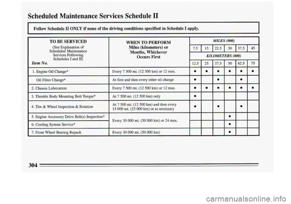 BUICK ROADMASTER 1993  Owners Manual Sched.uled Maintenante Services Schedule I1 
Follow Schedule. I1 ONLY if none of the  driving  conditions  specified in Schedule I apply. 
, TO BE SERVICED 
(See  Explanation  of 
Scheduled  Maintenan