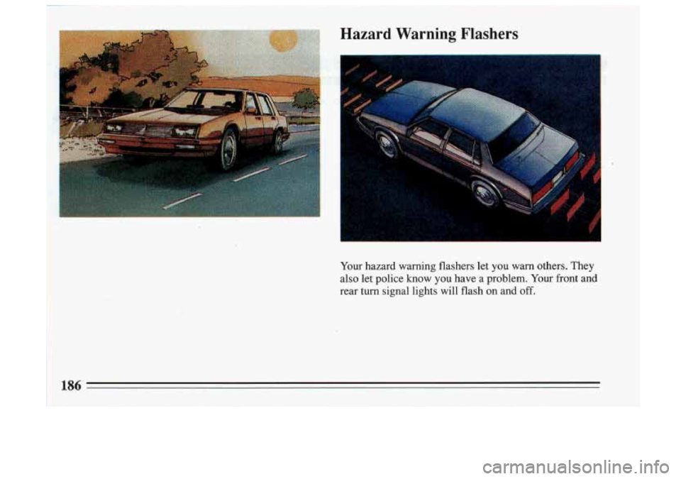 BUICK SKYLARK 1993  Owners Manual Hazard Warning Flashers 
Your hazard  warning  flashers  let you warn  others.  They 
also let  police  know  you  have 
a problem.  Your front  and 
rear  turn  signal  lights  will  flash  on  and 

