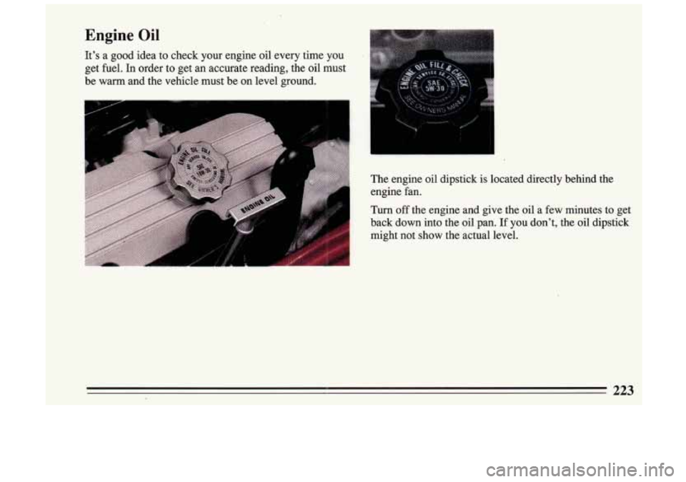 BUICK SKYLARK 1993  Owners Manual Engine Oil 
Its  a  good  idea to check  your  engine  oil every  time  you 
get  fuel. 
In order  to  get  an accurate  reading,  the  oil must 
be  warm  and  the vehicle  must  be 
on level  groun
