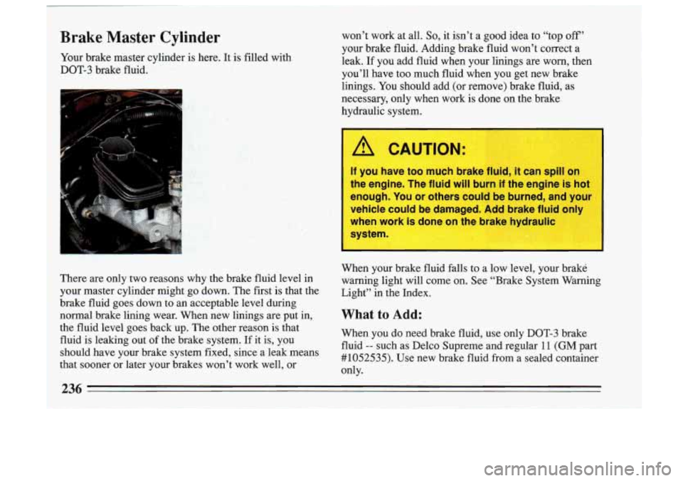 BUICK SKYLARK 1993  Owners Manual 1 Brake  Master  Cylinder 
Your brake  master  cylinder  is here.  It is filled  with 
1 DOT-3  brake  fluid.  won’t  work 
at all. 
So, it  isn’t  a  good  idea  to  “top off’ 
your  brake  f