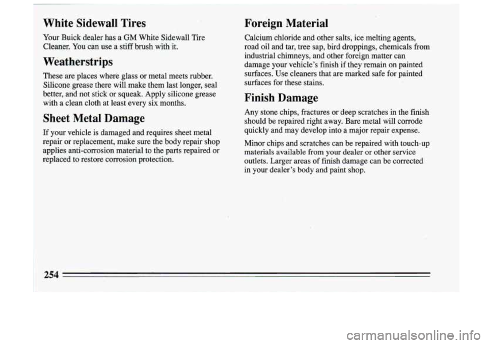 BUICK SKYLARK 1993  Owners Manual .-1 
White  Sidewail  Tires 
your Buick  dealer  has  a GM  White  Sidewall  Tire 
Cleaner.  You can  use  a stiff  brush  with  it. 
Weatherstrips 
These  are  places  where  glass  or  metal  meets 