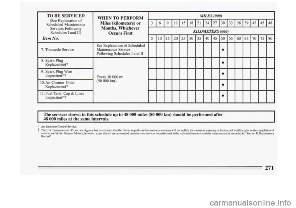 BUICK SKYLARK 1993  Owners Manual TO BE  SERVICED 
[See  Explanation of 
Scheduled  Maintenance Miles  (kilometers)  or 
WHEN 
TO PERFORM 
Services  Following: I Months,  Whichever 
Schedules  I  and 16 
Item No. I 
Occurs  First 
7. 