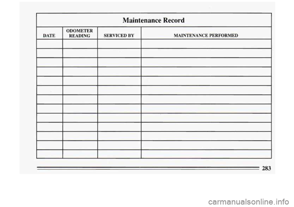 BUICK SKYLARK 1993  Owners Manual Maintenance  Record 
ODOMETER 
-< 
DATE MAINTENANCE  PERFORMED 
SERVICED BY READING 
283  