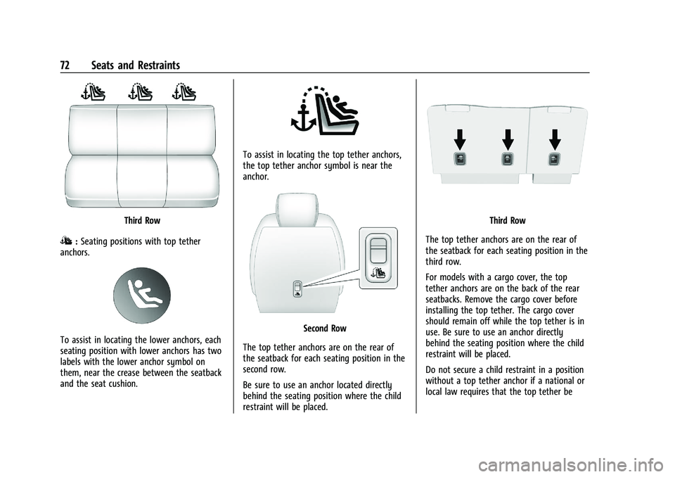BUICK ENCLAVE 2021  Owners Manual Buick Enclave Owner Manual (GMNA-Localizing-U.S./Canada/Mexico-
14637843) - 2021 - CRC - 12/9/20
72 Seats and Restraints
Third Row
I:Seating positions with top tether
anchors.
To assist in locating th