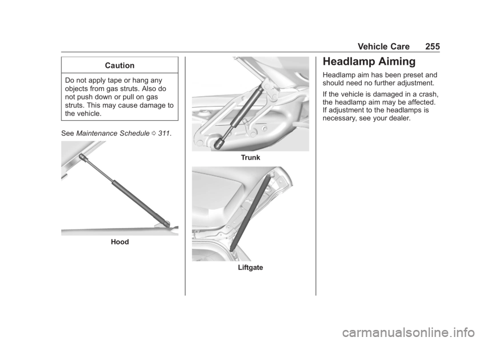 BUICK ENVISION 2020  Owners Manual Buick Envision Owner Manual (GMNA-Localizing-U.S./Canada/Mexico-
13555857) - 2020 - CRC - 3/12/19
Vehicle Care 255CautionDo not apply tape or hang any
objects from gas struts. Also do
not push down or