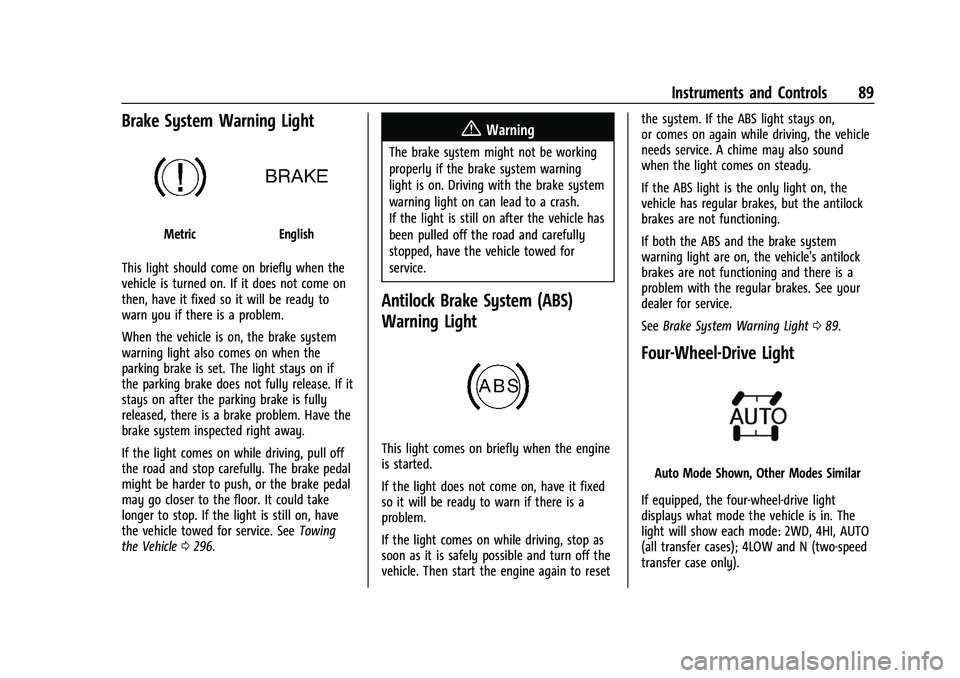 GMC CANYON 2021 Owners Manual GMC Canyon/Canyon Denali Owner Manual (GMNA-Localizing-U.S./Canada-
14430430) - 2021 - CRC - 9/9/20
Instruments and Controls 89
Brake System Warning Light
MetricEnglish
This light should come on brief GMC CANYON 2021 Owners Manual GMC Canyon/Canyon Denali Owner Manual (GMNA-Localizing-U.S./Canada-
14430430) - 2021 - CRC - 9/9/20
Instruments and Controls 89
Brake System Warning Light
MetricEnglish
This light should come on brief