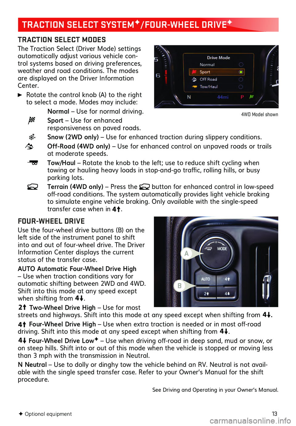 GMC SIERRA 2021  Get To Know Guide 13
TRACTION SELECT MODES
The Traction Select (Driver Mode) settings automatically adjust  various vehicle con-
trol systems based on driving preferences, 
weather and road conditions. The modes 
are d