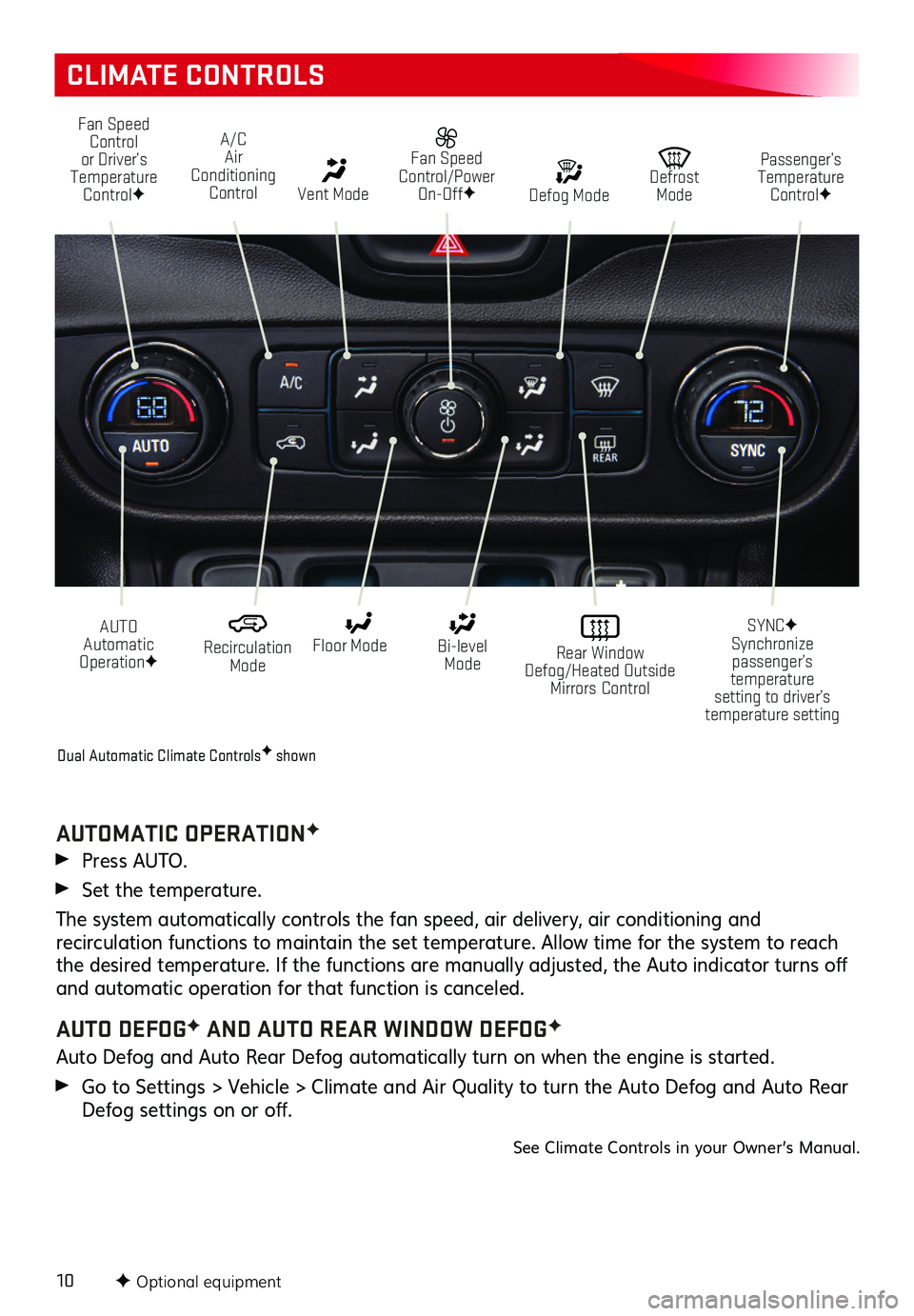 GMC TERRAIN 2021 Get To Know Guide 10
CLIMATE CONTROLS
F Optional equipment
Fan Speed Control or Driver’s Temperature ControlF
A/C Air Conditioning Control Vent Mode
Fan Speed Control/Power On-OffF
AUTO Automatic OperationF
Rec GMC TERRAIN 2021 Get To Know Guide 10
CLIMATE CONTROLS
F Optional equipment
Fan Speed Control or Driver’s Temperature ControlF
A/C Air Conditioning Control Vent Mode
Fan Speed Control/Power On-OffF
AUTO Automatic OperationF
Rec