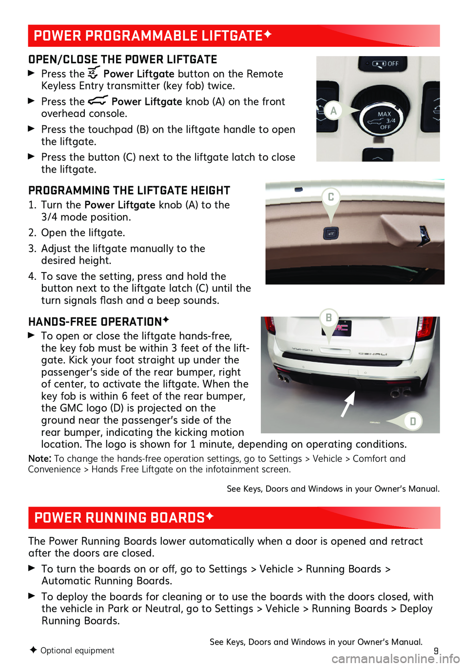 GMC YUKON 2021  Get To Know Guide 9F Optional equipment
OPEN/CLOSE THE POWER LIFTGATE
 Press the  Power Liftgate button on the Remote Keyless Entry transmitter (key fob) twice.
 Press the  Power Liftgate knob (A) on the front overhead