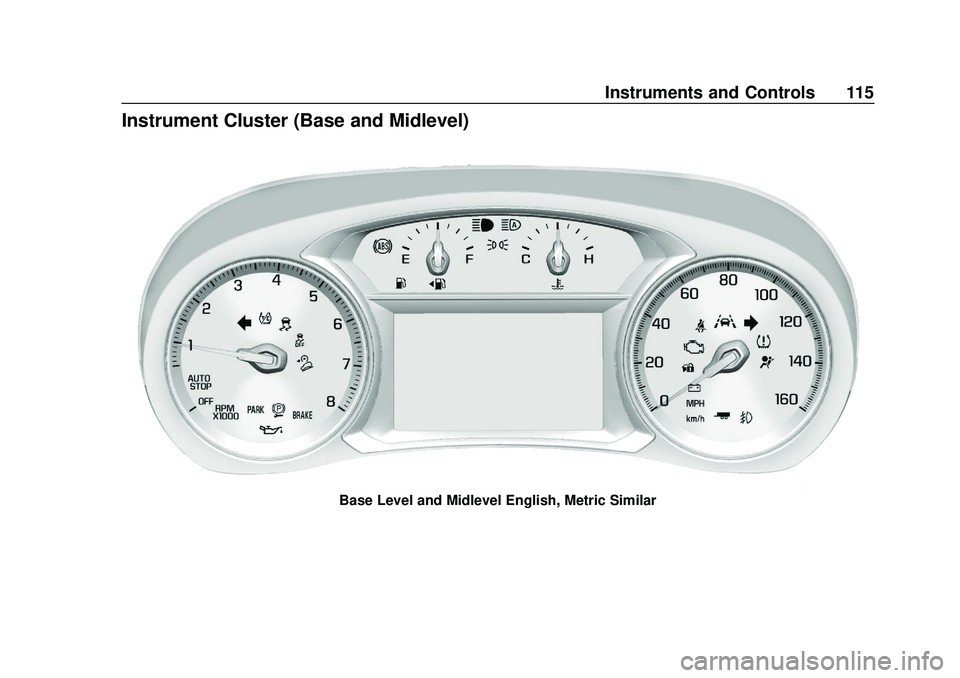 GMC ACADIA 2020  Owners Manual GMC Acadia/Acadia Denali Owner Manual (GMNA-Localizing-U.S./Canada/
Mexico-13687875) - 2020 - CRC - 10/28/19
Instruments and Controls 115
Instrument Cluster (Base and Midlevel)
Base Level and Midlevel