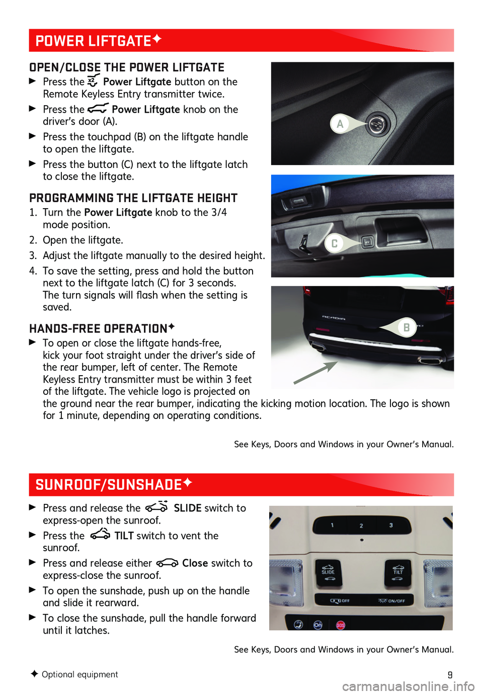 GMC ACADIA 2020  Get To Know Guide 9
POWER LIFTGATEF
F Optional equipment
OPEN/CLOSE THE POWER LIFTGATE 
 Press the  Power Liftgate button on the Remote Keyless Entry transmitter twice. 
 Press the  Power Liftgate knob on the  
driver