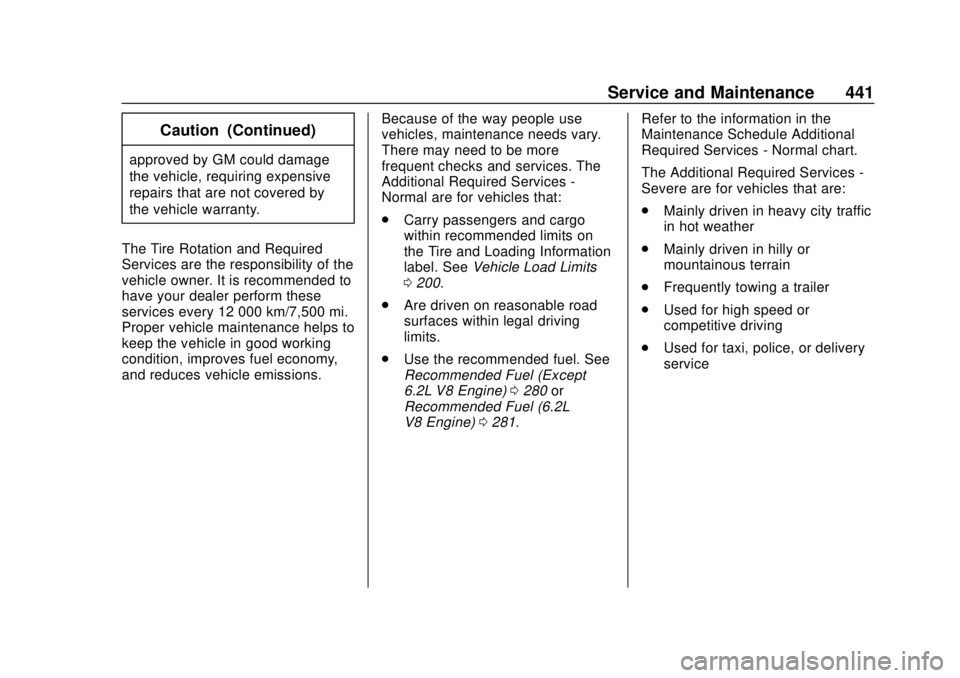GMC SIERRA 2020  Owners Manual GMC Sierra/Sierra Denali Owner Manual (GMNA-Localizing-U.S./Canada/
Mexico-13337776) - 2020 - CRC - 4/4/19
Service and Maintenance 441
Caution (Continued)
approved by GM could damage
the vehicle, requ