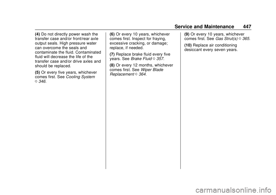 GMC SIERRA 2020  Owners Manual GMC Sierra/Sierra Denali Owner Manual (GMNA-Localizing-U.S./Canada/
Mexico-13337776) - 2020 - CRC - 4/4/19
Service and Maintenance 447
(4)Do not directly power wash the
transfer case and/or front/rear