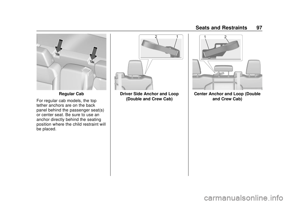 GMC SIERRA 2020  Owners Manual GMC Sierra/Sierra Denali Owner Manual (GMNA-Localizing-U.S./Canada/
Mexico-13337776) - 2020 - CRC - 4/4/19
Seats and Restraints 97
Regular Cab
For regular cab models, the top
tether anchors are on the