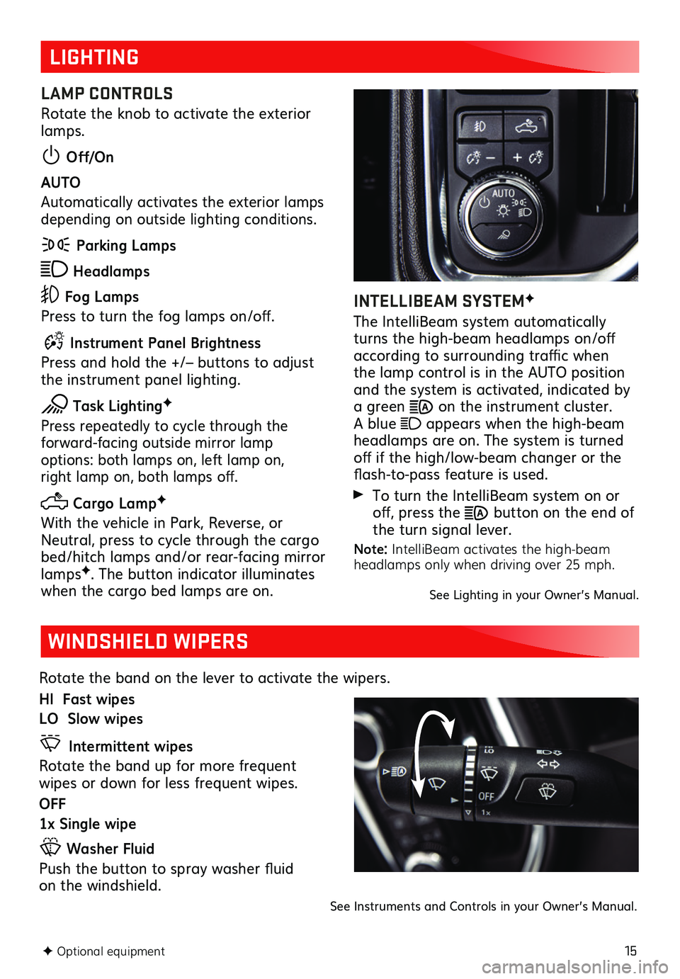 GMC SIERRA 2020  Get To Know Guide 15F Optional equipment    
LIGHTING
LAMP CONTROLS
Rotate the knob to activate the exterior lamps.
 Off/On
AUTO
Automatically activates the exterior lamps depending on outside lighting conditions.
 Par