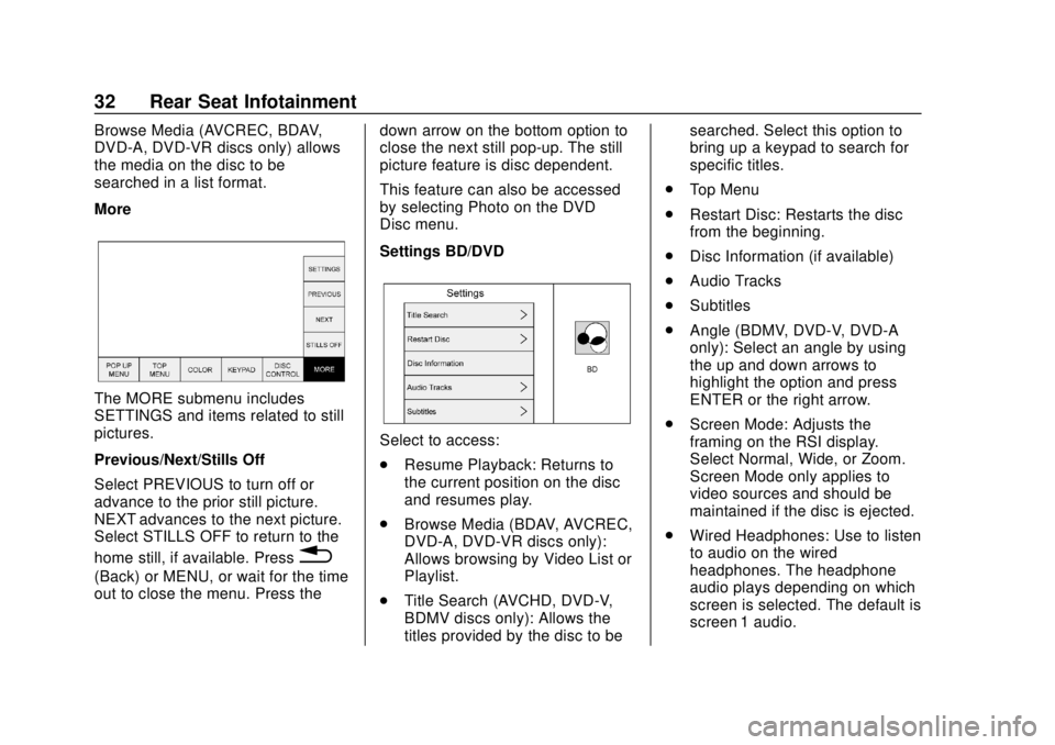 GMC YUKON 2020  Infotainment System Manual GMC Infotainment System (U.S./Canada 2.6) (GMNA-Localizing-U.S./Canada-
13583174) - 2020 - CRC - 4/15/19
32 Rear Seat Infotainment
Browse Media (AVCREC, BDAV,
DVD-A, DVD-VR discs only) allows
the medi