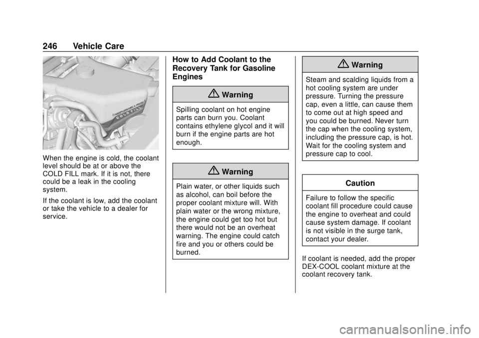 GMC SAVANA 2019  Owners Manual GMC Savana Owner Manual (GMNA-Localizing-U.S./Canada-12146167) -
2019 - CRC - 11/26/18
246 Vehicle Care
When the engine is cold, the coolant
level should be at or above the
COLD FILL mark. If it is no