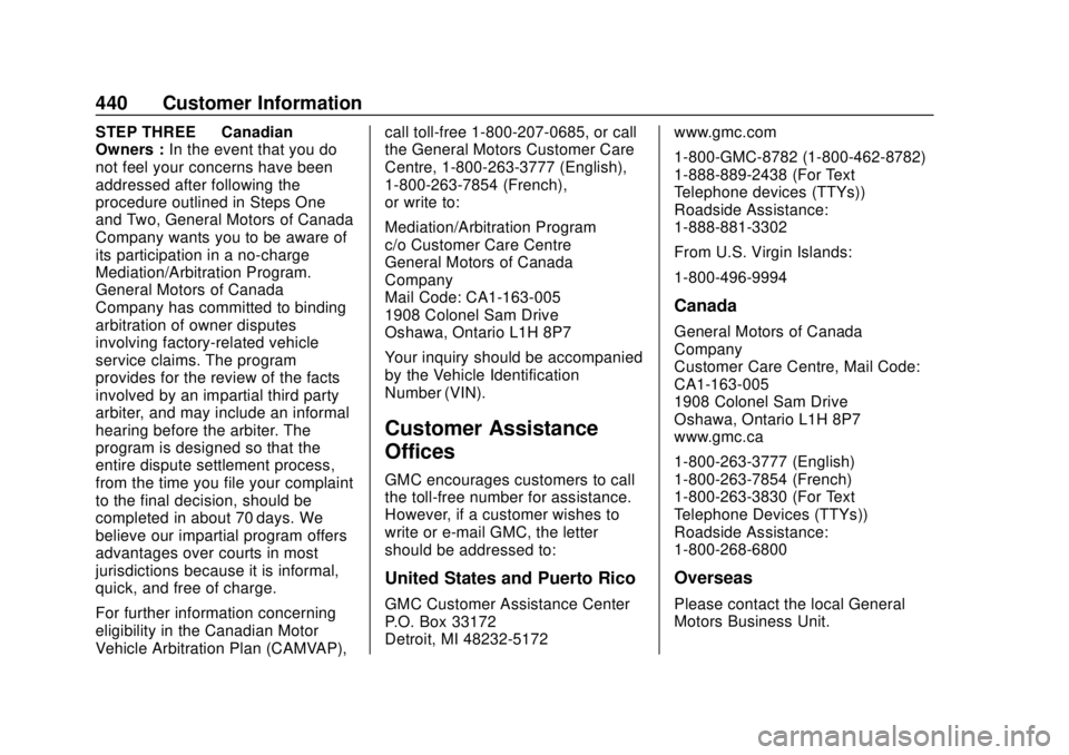 GMC SIERRA 2019  Owners Manual GMC Sierra/Sierra Denali Owner Manual (GMNA-Localizing-U.S./Canada/
Mexico-1500-11698638) - 2019 - CRC - 5/13/19
440 Customer Information
STEP THREE—Canadian
Owners : In the event that you do
not fe