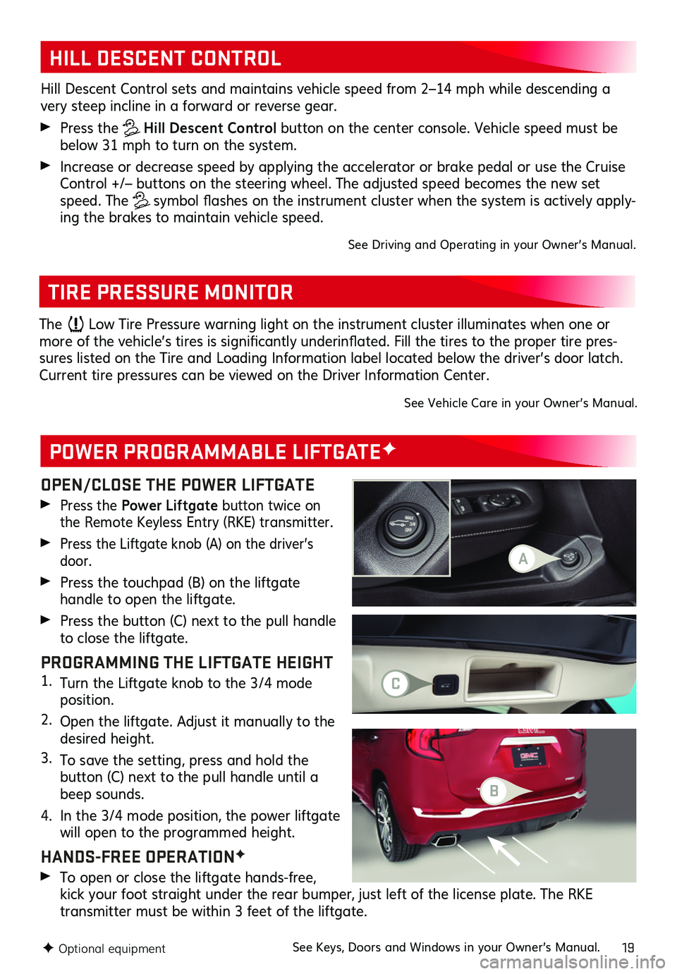 GMC TERRAIN 2019  Get To Know Guide 19
OPEN/CLOSE THE POWER LIFTGATE 
 Press the Power Liftgate button twice on the Remote Keyless Entry (RKE) transmitter . 
 Press the Liftgate knob (A) on the driver’s door . 
 Press the touchpad (B)
