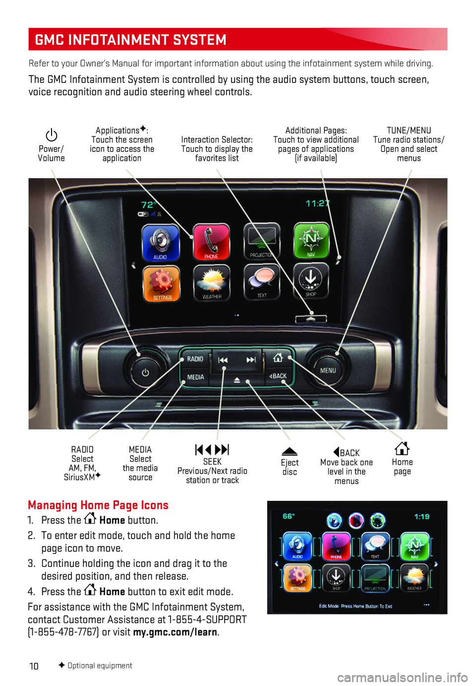 GMC SIERRA 2018  Get To Know Guide 10
GMC INFOTAINMENT SYSTEM
BACK Move back one level in the menus
 Home page
 Eject disc 
 Power/ Volume
Additional Pages: Touch to view additional pages of applications (if available)
TUNE/MENU  Tune 