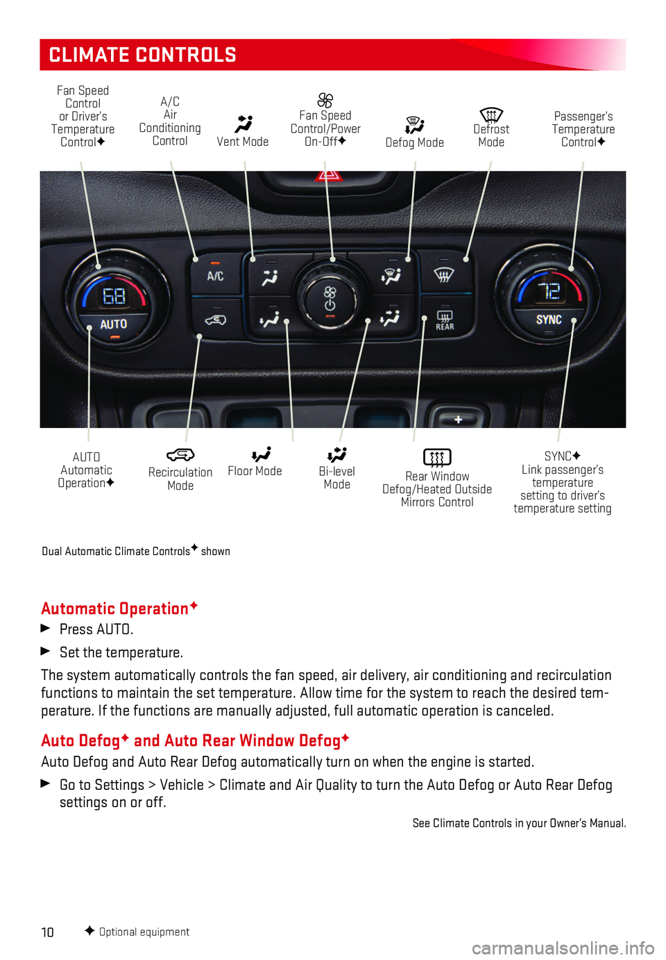 GMC TERRAIN 2018 Get To Know Guide 10
CLIMATE CONTROLS
F Optional equipment
Fan Speed Control or Driver’s Temperature ControlF
A/C Air Conditioning Control Vent Mode
Fan Speed Control/Power On-OffF
AUTO Automatic OperationF
Rec GMC TERRAIN 2018 Get To Know Guide 10
CLIMATE CONTROLS
F Optional equipment
Fan Speed Control or Driver’s Temperature ControlF
A/C Air Conditioning Control Vent Mode
Fan Speed Control/Power On-OffF
AUTO Automatic OperationF
Rec