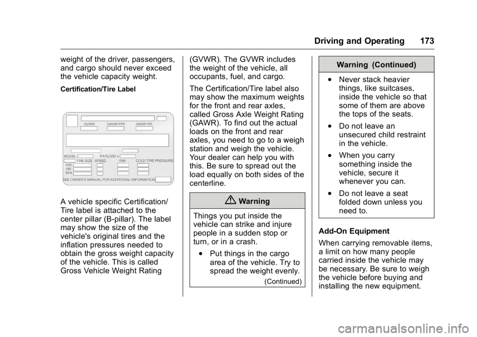 GMC SAVANA 2016  Owners Manual GMC Savana Owner Manual (GMNA-Localizing-U.S./Canada-9159232) -
2016 - crc - 11/11/15
Driving and Operating 173
weight of the driver, passengers,
and cargo should never exceed
the vehicle capacity wei
