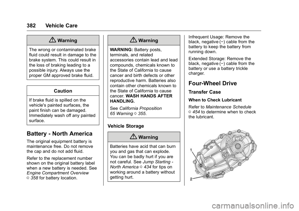 GMC SIERRA 2016  Owners Manual GMC Sierra Owner Manual (GMNA-Localizing-U.S./Canada/Mexico-
9234758) - 2016 - crc - 11/9/15
382 Vehicle Care
{Warning
The wrong or contaminated brake
fluid could result in damage to the
brake system.