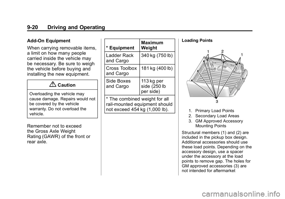 GMC CANYON 2015  Owners Manual Black plate (20,1)GMC Canyon Owner Manual (GMNA-Localizing-U.S./Canada-7587000) -
2015 - CRC - 3/17/15
9-20 Driving and Operating
Add-On Equipment
When carrying removable items,
a limit on how many pe