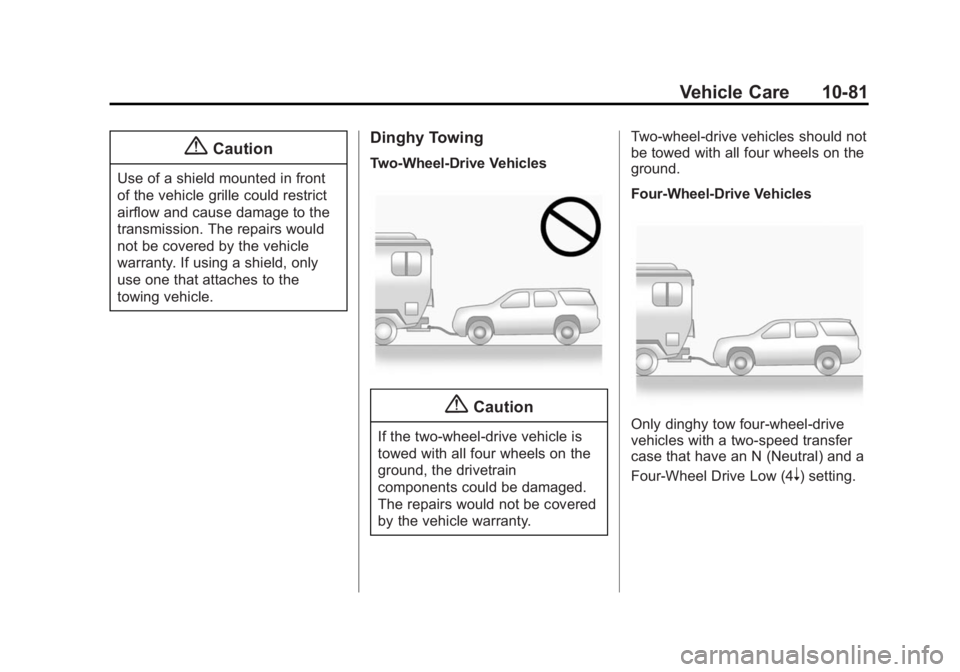 GMC YUKON 2015  Owners Manual Black plate (81,1)GMC Yukon/Yukon XL Owner Manual (GMNA-Localizing-U.S./Canada/
Mexico-7063682) - 2015 - crc - 6/5/14
Vehicle Care 10-81
{Caution
Use of a shield mounted in front
of the vehicle grille