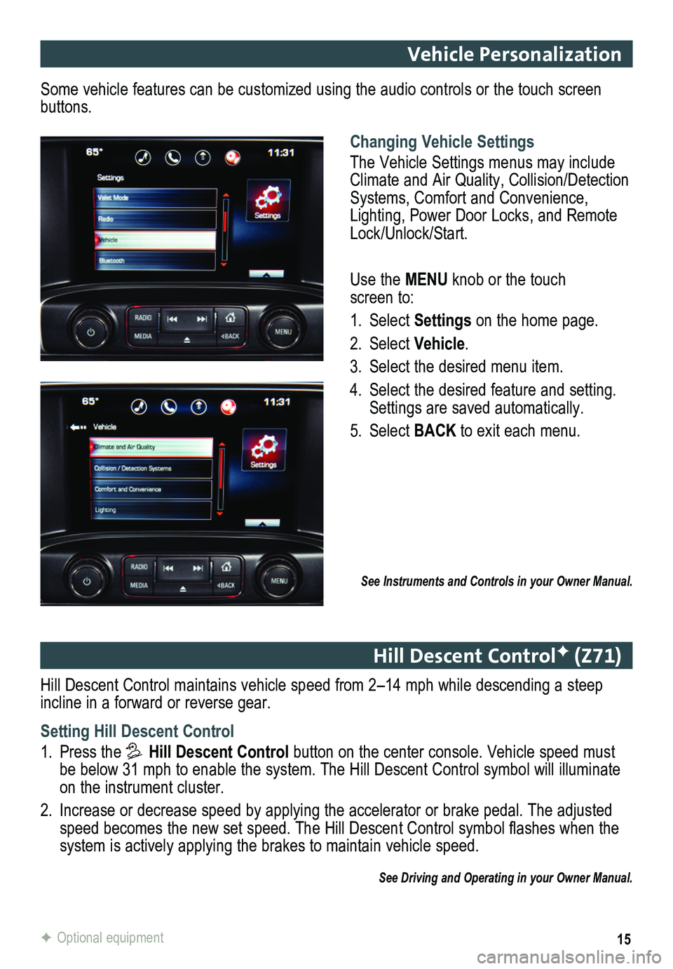 GMC SIERRA 2014  Get To Know Guide 15F Optional equipment
Vehicle Personalization
Changing Vehicle Settings
The Vehicle Settings menus may include Climate and Air Quality, Collision/Detection Systems, Comfort and Convenience, Lighting,