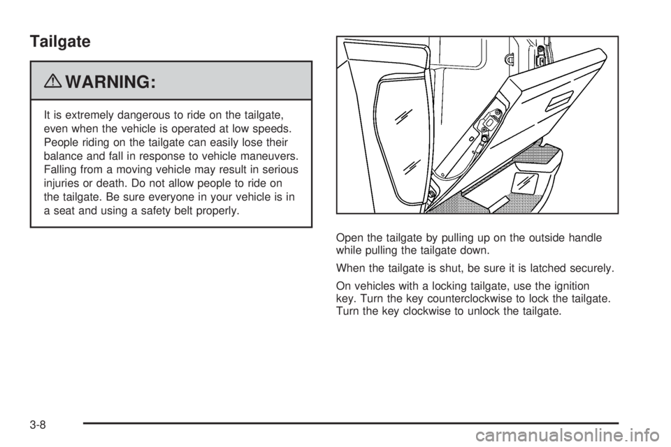 GMC CANYON 2010  Owners Manual Tailgate
{WARNING:
It is extremely dangerous to ride on the tailgate,
even when the vehicle is operated at low speeds.
People riding on the tailgate can easily lose their
balance and fall in response 