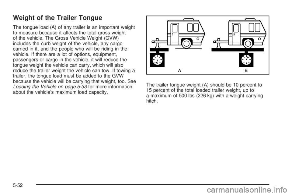GMC CANYON 2010  Owners Manual Weight of the Trailer Tongue
The tongue load (A) of any trailer is an important weight
to measure because it affects the total gross weight
of the vehicle. The Gross Vehicle Weight (GVW)
includes the 