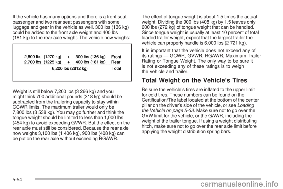 GMC CANYON 2010  Owners Manual If the vehicle has many options and there is a front seat
passenger and two rear seat passengers with some
luggage and gear in the vehicle as well. 300 lbs (136 kg)
could be added to the front axle we