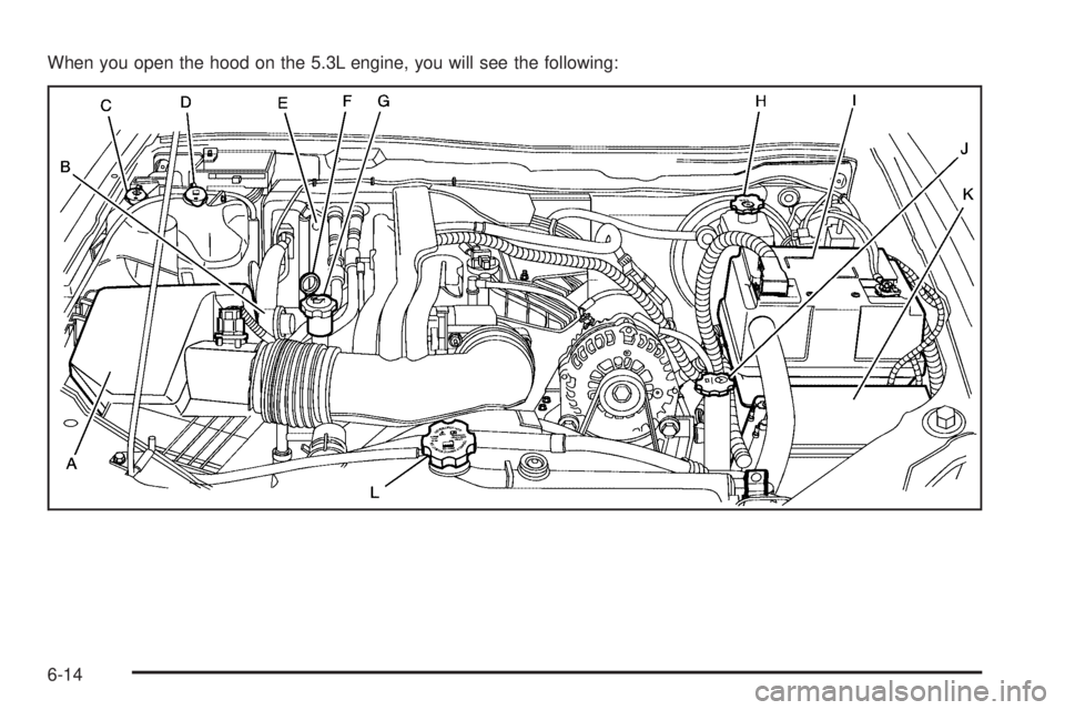 GMC CANYON 2010  Owners Manual When you open the hood on the 5.3L engine, you will see the following:
6-14 