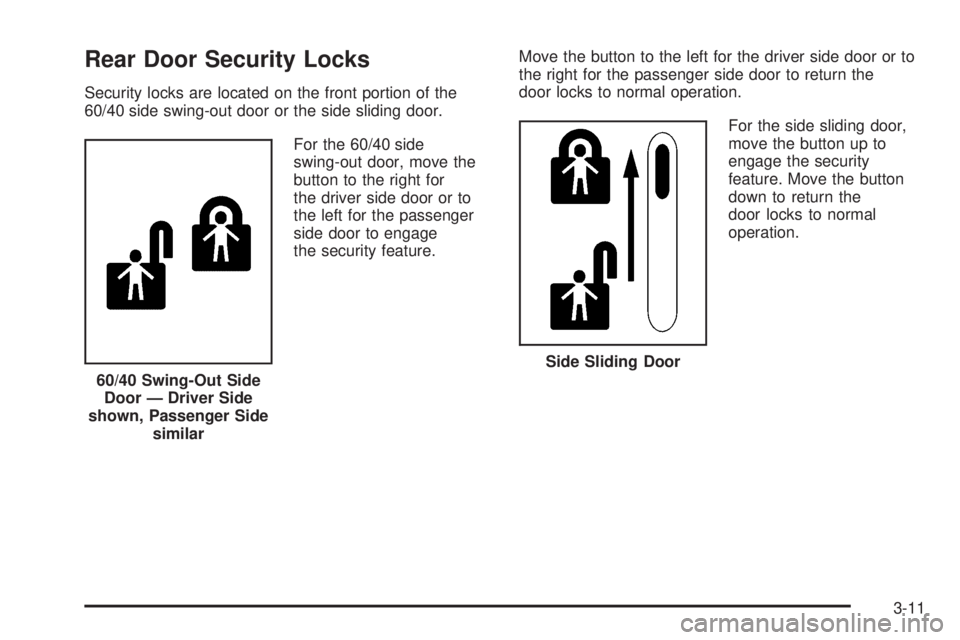 GMC SAVANA 2010  Owners Manual Rear Door Security Locks
Security locks are located on the front portion of the
60/40 side swing-out door or the side sliding door.
For the 60/40 side
swing-out door, move the
button to the right for
