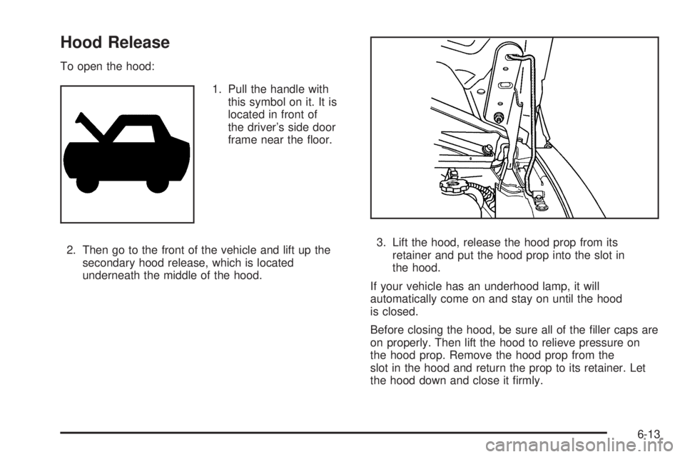 GMC SAVANA 2010  Owners Manual Hood Release
To open the hood:
1. Pull the handle with
this symbol on it. It is
located in front of
the driver’s side door
frame near the ﬂoor.
2. Then go to the front of the vehicle and lift up t
