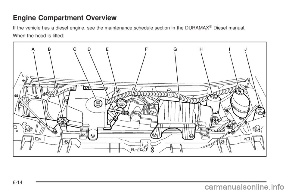 GMC SAVANA 2010  Owners Manual Engine Compartment Overview
If the vehicle has a diesel engine, see the maintenance schedule section in the DURAMAX®Diesel manual.
When the hood is lifted:
6-14 