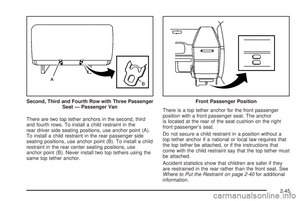 GMC SAVANA 2010  Owners Manual There are two top tether anchors in the second, third
and fourth rows. To install a child restraint in the
rear driver side seating positions, use anchor point (A).
To install a child restraint in the