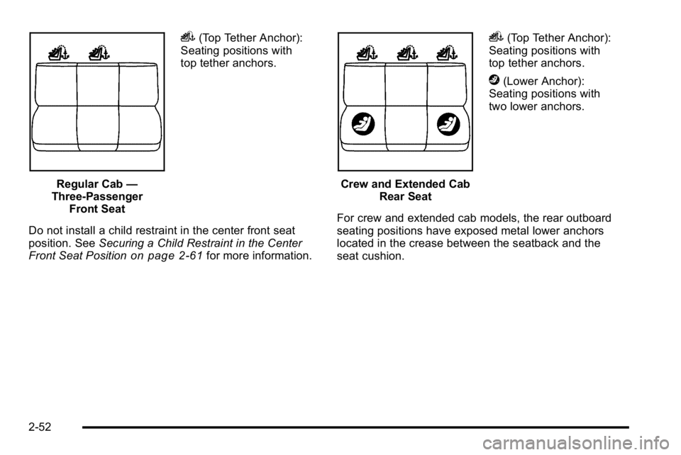 GMC SIERRA 2010  Owners Manual Regular Cab—
Three-Passenger Front Seat
i(Top Tether Anchor):
Seating positions with
top tether anchors.
Do not install a child restraint in the center front seat
position. See Securing a Child Rest