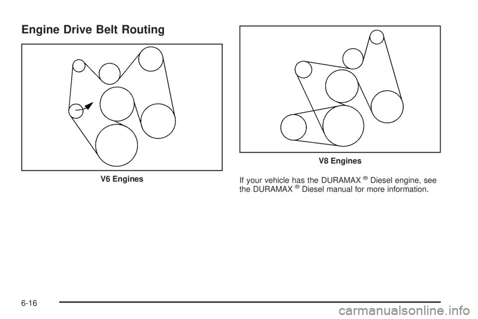 GMC SAVANA 2009  Owners Manual Engine Drive Belt Routing
If your vehicle has the DURAMAX®Diesel engine, see
the DURAMAX®Diesel manual for more information. V6 Engines
V8 Engines
6-16 