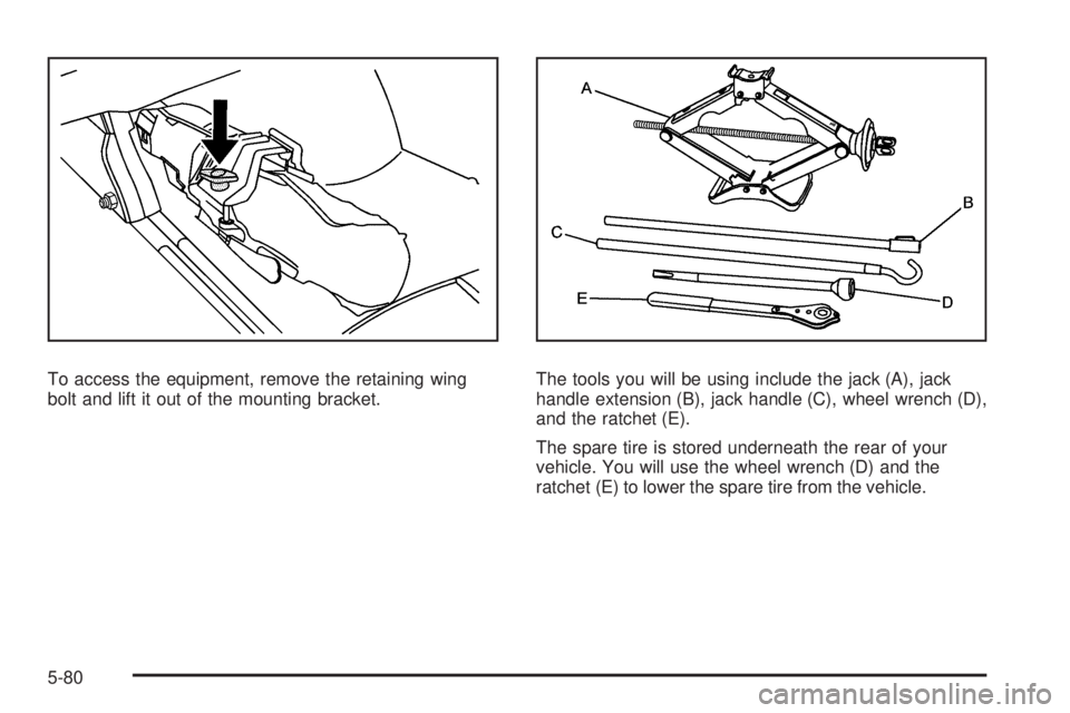 GMC SAVANA 2008  Owners Manual To access the equipment, remove the retaining wing
bolt and lift it out of the mounting bracket.The tools you will be using include the jack (A), jack
handle extension (B), jack handle (C), wheel wren