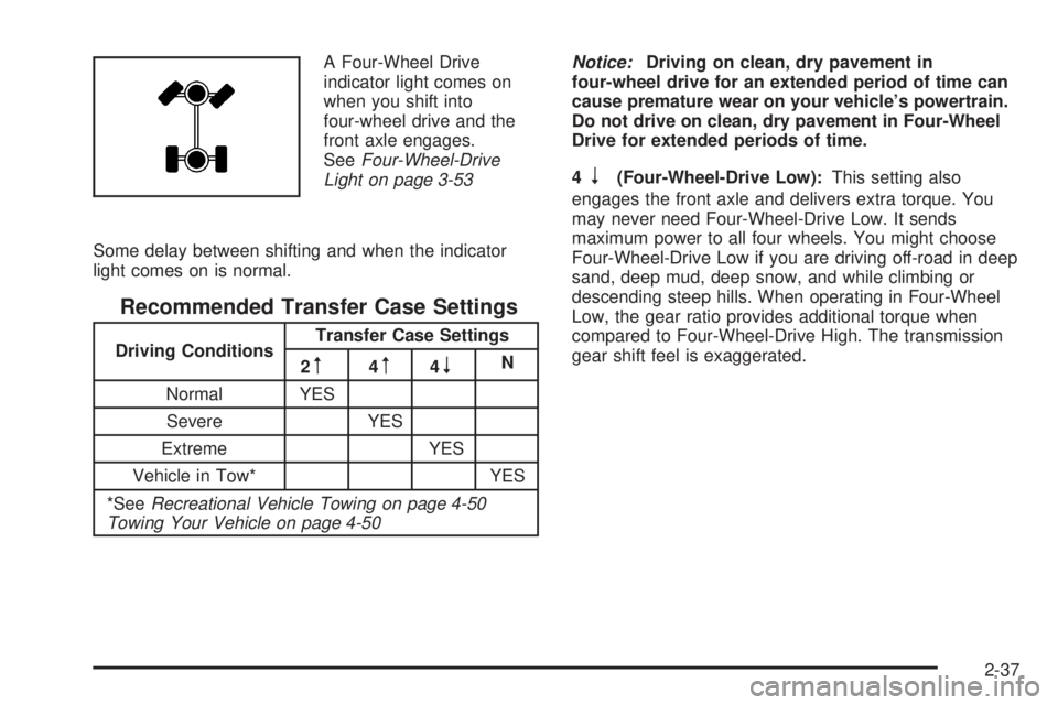GMC SIERRA 2008  Owners Manual A Four-Wheel Drive
indicator light comes on
when you shift into
four-wheel drive and the
front axle engages.
SeeFour-Wheel-Drive
Light on page 3-53
Some delay between shifting and when the indicator
l