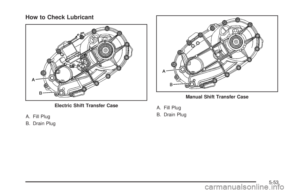 GMC SIERRA 2008  Owners Manual How to Check Lubricant
A. Fill Plug
B. Drain PlugA. Fill Plug
B. Drain Plug Electric Shift Transfer Case
Manual Shift Transfer Case
5-53 