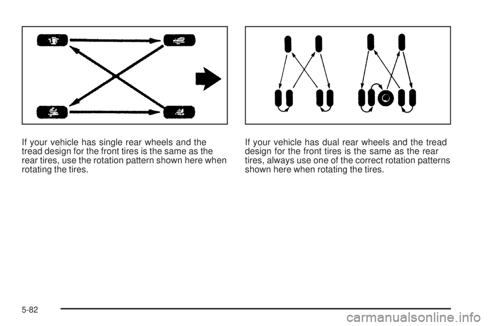 GMC SIERRA 2008  Owners Manual If your vehicle has single rear wheels and the
tread design for the front tires is the same as the
rear tires, use the rotation pattern shown here when
rotating the tires.If your vehicle has dual rear